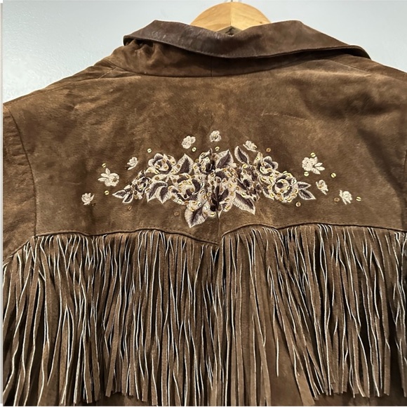 Denim 24/7 Brown Suede Fringed Embroidered Western Jacket Size 16W - Picture 5 of 6